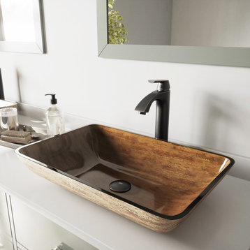 VIGO Rectangular Amber Sunset Glass Vessel Sink and Linus Faucet Set