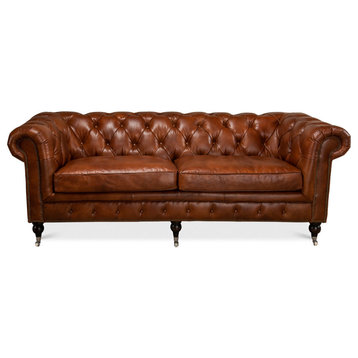 Tufted English Chesterfield Club Sofa Brown Leather