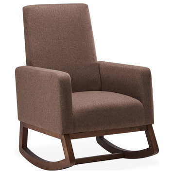 Fabric High Back Armchair Upholstered Rocking Chair Padded Seat Wood Base,Brown