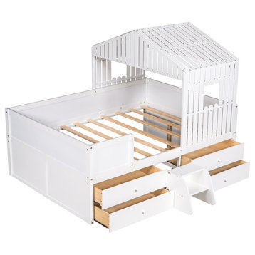 Gewnee Full Size House Low Loft Bed with Four Drawers in White