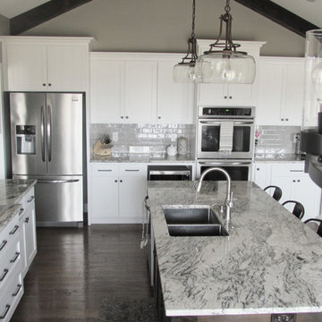 White Farmhouse Kitchen w/ Rustic Cathedral Ceilings