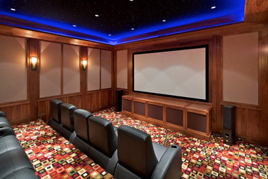 Inspiration for a rustic home theater remodel in Denver