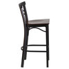 HERCULES Black Two-Slat Ladder Back Metal Restaurant Barstool - Walnut Wood Seat