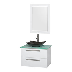 30 inch Single Bathroom Vanity in Glossy White, Green Glass Top, Arista Black Gr - Bathroom Vanities And Sink Consoles