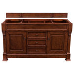 James Martin Vanities - Brookfield 60" Warm Cherry Single Vanity - The Brookfield 60", single sink, Warm Cherry vanity by James Martin Vanities features hand carved accenting filigrees and raised panel doors. Two doors, on either side, open to shelves for storage below and three center drawers, made up of a lower double-height drawer and both middle and top short-length standard drawers, offer additional storage space. The look is completed with Antique Brass finish door and drawer pulls. Matching decorative wood backsplash is included.