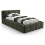 Meridian Furniture - Carlin Upholstered Bed, Olive, Twin, Chenille Fabric - Upgrade your bedroom with the Carlin olive chenille twin bed, showcasing a unique yet elegant frame with channel tufting. This bed effortlessly combines contemporary style with practical design. Its smooth, velvety texture and refined details create a striking centerpiece, embodying both exquisite taste and timeless beauty.
