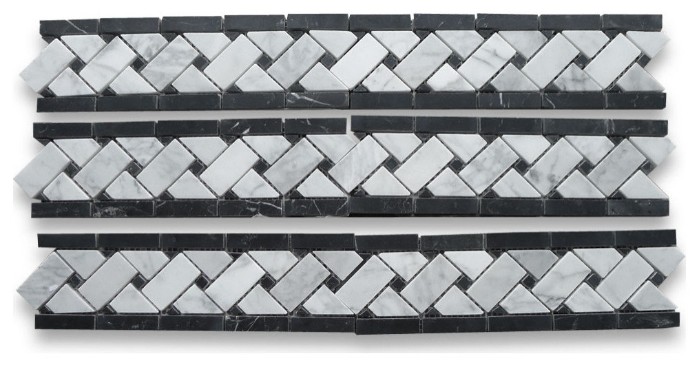 Carrara Marble Basketweave Listello Border Black Dots Polished 4x12, 1 sheet