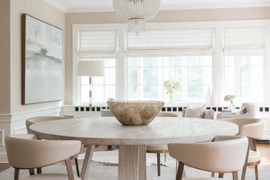 Design ideas for a mid-sized transitional open plan dining in DC Metro with beige walls, carpet, no fireplace and grey floor.