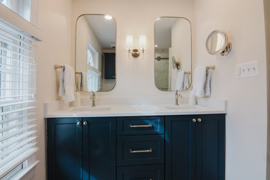 Inspiration for a transitional kids' ceramic tile, beige floor and double-sink bathroom remodel in DC Metro with recessed-panel cabinets, blue cabinets, an undermount sink, quartz countertops, white countertops and a built-in vanity