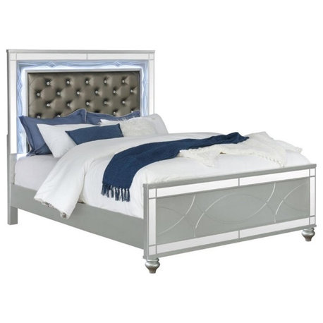 Pemberly Row Faux Leather California King Panel Bed in Silver Metallic