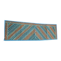 Mogul Interior - Consigned Blue and Brown Sari Banjara Embroidered Tapestry Runner - Tapestries