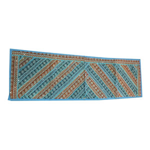 Mogul Interior - Consigned Blue and Brown Sari Banjara Embroidered Tapestry Runner - Tapestries