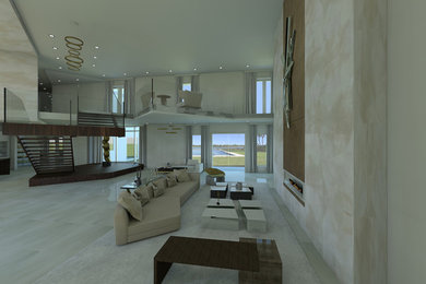 Large minimalist open concept marble floor and gray floor living room photo in Miami with beige walls, a ribbon fireplace and no tv