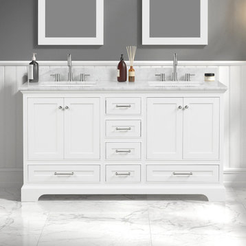 Bath Vanity, Marble Top, White, 60'' With Sink