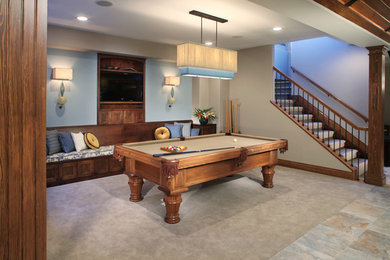 Inspiration for a large traditional look-out basement in Dallas with multi-coloured walls and limestone floors.