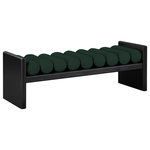 Meridian Furniture - Waverly Boucle Fabric Upholstered Bench, Green, 52" Wide, Black Finish - Add originality to your home with this unique bench from Meridian Furniture's Waverly collection. Crafted using solid rubber wood with a black finish, this bench makes a bold statement in any living space. Its H-shaped design holds nine rich green boucle fabric cushion rolls on top, providing a comfortable place to sit for you or your guests. It's big enough to seat more than one person, providing you with extra seating space, and its contemporary design is perfect for any modern home.