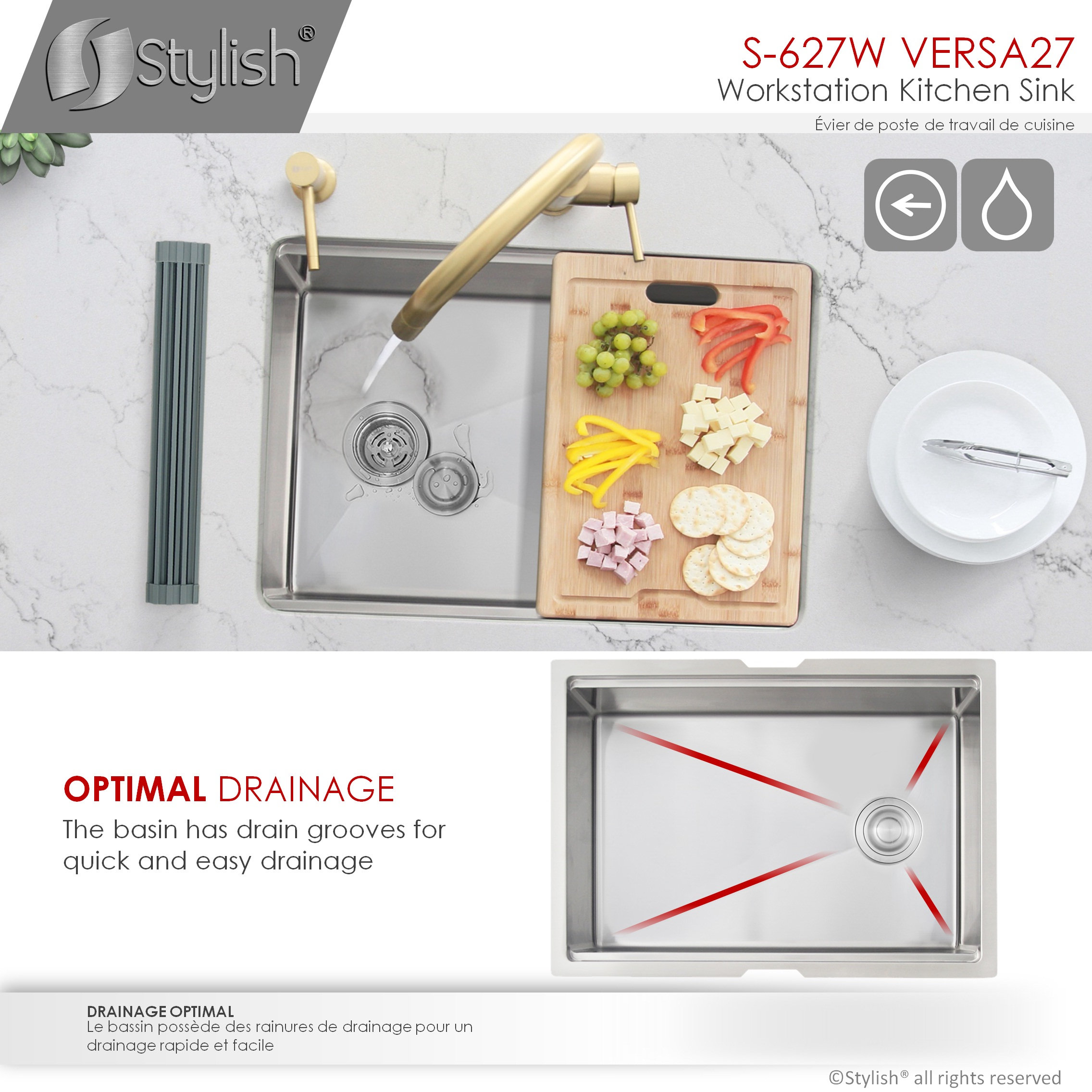 STYLISH 27'' Workstation Single Bowl Undermount 16G Stainless Steel Kitchen Sink