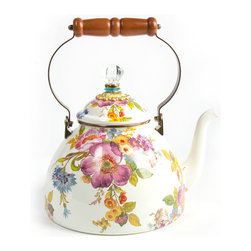 Flower Market Enamel 3 Quart Tea Kettle - White | MacKenzie-Childs - Kettles