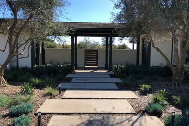 This is an example of a mid-sized contemporary partial sun concrete paver landscaping in San Diego for summer.