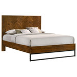 Meridian Furniture - Reed/Weston Bed, Brown Antique Coffee Wood Finish, Queen - Create a distinctly contemporary vibe in your bedroom sanctuary with this Reed queen-sized bed from the Reed Wood collection. This handsome bed offers a touch of traditional flair with its antique coffee finish and chevron inlaid wood design. It rests on a metal base in sleek black matte for a modern touch. The hardware-free design lends authenticity to the chic, sophisticated and minimalist design of this bed, which features an extra-tall headboard for a dramatic finish.