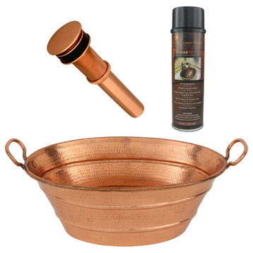 16" Oval Bucket Vessel Hammered Copper Sink, Handles, Polished Copper