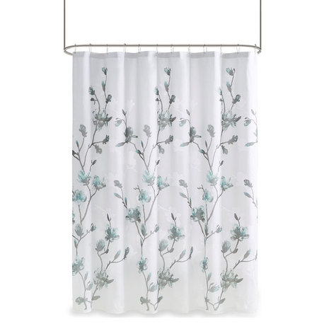 Madison Park Magnolia Floral Printed Burnout Shower Curtain, Aqua