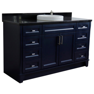 61" Single Sink Vanity, Blue Finish And Black Galaxy Granite And Round Sink