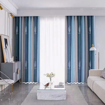 QYFL223A On Sales Petrel Blue Grey Stripe Chenille Custom Made Curtains