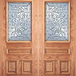 Asymmetrical Floral Scrollwork Glass, 3-Panel 1/2 Lite Double Door - Front Doors