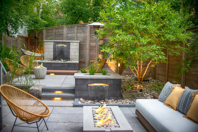 Inspiration for a small backyard concrete paver patio fountain remodel in Other with no cover