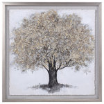 StyleCraft - Gold Foliage Shadow Box Wall Art With Foil On Rice Paper Gray Wash Frame - Entirely hand painted with acrylic brush strokes and gold foil accents - creating a modern and timeless piece. Delicate accents featured are tattered rice paper edging, linen fabric backing, and a silver frame. Due to mass production, each piece may vary in size, color, finish, and shape. Champagne silver frame.