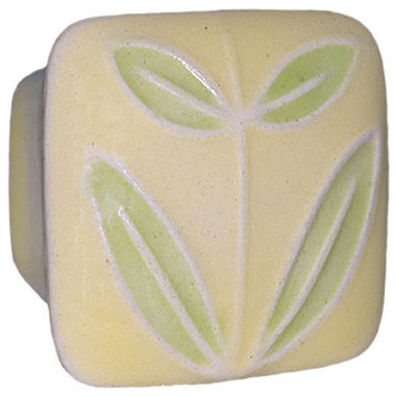 Square Ceramic Rose Leaves Knob, Yellow and Green