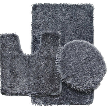 3 Piece Shiny Chenille Bath Rug Set, Includes Rug, Contour And Lid Cover, Gray