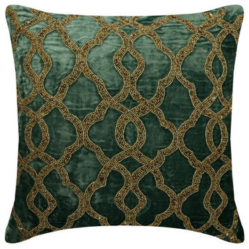 Decorative Teal Green Velvet Pillow Cover Trellis, Lattice Beaded - Royal Crown