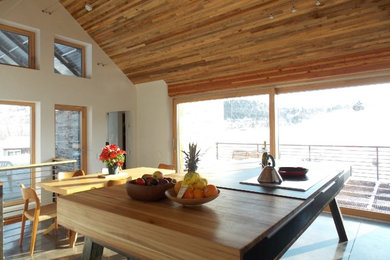 Inspiration for a mid-sized contemporary eat-in kitchen in Salt Lake City with wood benchtops and with island.
