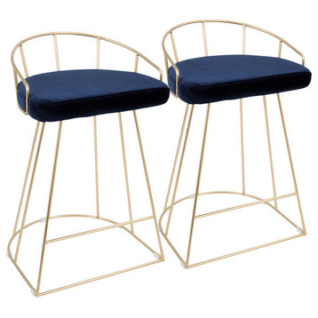 LumiSource Canary 26" Counter Stool, Gold and Blue Velvet, Set of 2