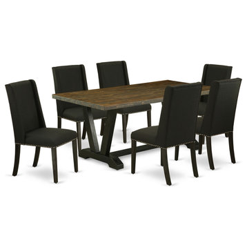 V677Fl624-7, 7-Piece Set, 6 Padded Parson Chair and Table Wood
