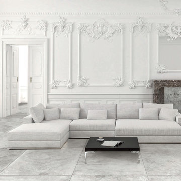 Contemporary grey living room with grey porcelain tiled floor