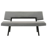 Armen Living - Channell Wood Dining Bench, Black Finish With Charcoal Fabric - Bring comfort and elegance to your dining area with our Channell Upholstered Wood Dining Bench. The chic and elegant dining, bedroom, or entryway bench presents the perfect blend of style and functionality. It features an upholstered back and seat for a neatly tailored and inviting profile. The wooden frame and angled legs add stunning detail and a dose of elegance to our dining bench, its back opening allows for breathability. Its practical and stylish design includes a padded back and seat to effortlessly adapt and offer a comfortable seat in your dining room, living space, kitchen, or entryway. Mindfully crafted from rubberwood, our bench remains durable and easy to maintain to ensure years of use. Measuring 63 inches wide, this bench easily seats up to 3. The Channel Wood Dining Bench is available in your choice of walnut finish with charcoal, blue, and orange fabric or black finish with charcoal fabric to best suit your need and preferences.