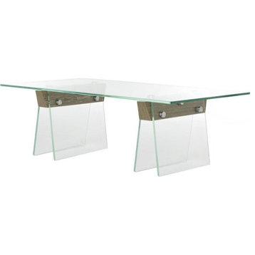 Modern Coffee Table, Clear Tempered Glass Top and Legs With Gray Wooden Support