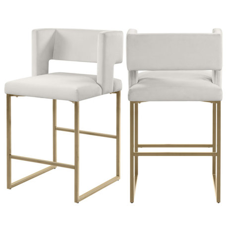 Caleb Upholstered Counter Stool, Set of 2, Cream, Velvet, Brushed Gold