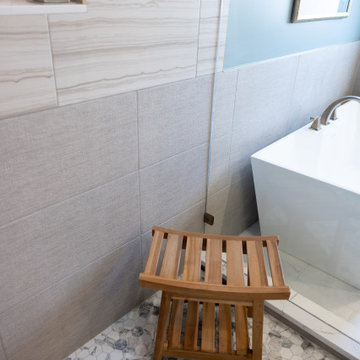 Spa Like Primary Bathroom Remodel with Warm Wood & Brass Details