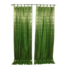 Mogul Interior - 2 Green Sari Curtains Gold Brocade Silk Saree Drapes Home Decor - Curtains