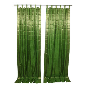 Mogul Interior - 2 Green Sari Curtains Gold Brocade Silk Saree Drapes Home Decor - Curtains