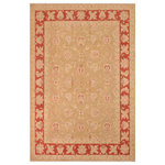Bareens Designer Rugs - Bohemien Ziegler Tania Green Rust Hand-Knotted Wool Rug - 8'2'' x 10'1'' - Enhance the ambiance of your home with this magnificent Persian-influenced Turkish hand-knotted rug made by skilled artisans capable of creating the most exceptional vegetable dyes and hand-spun wool. This exquisite handmade rug is a one-of-a-kind Peshawar Kafkaz, otherwise identified as Chobi, Chobi Peshawar, Oushak, or Ziegler rug. These handmade rugs are crafted in Pakistan utilizing superior-quality wool imported from Australia, New Zealand, and Korea in two types of weaves: the Persian weave and the Mori weave. This rug is meticulously crafted by hand using the finest natural vegetable dyes extracted from local plants. The artisans use a blend of hand-spun local and fine merino wool, resulting in a rug with a compelling texture, higher lanolin content, and longer staple. The artisans occasionally incorporate natural or artificial silk into the pile to enhance specific motifs. The finished product is an awe-inspiring execution of flawless design and an understated palette that exudes elegance.