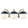 3-Light Bath Vanity in Aged Brass with Opal Glass and Navy Cap