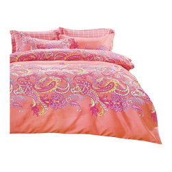 The Linen Center - Paisley in Orange and Pinks  Twin Size 4 Piece Linen Set With Fitted Sheet - Duvet Covers And Duvet Sets