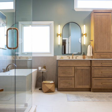 Spa Like Primary Bathroom Remodel with Warm Wood & Brass Details