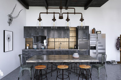 Example of a small urban single-wall concrete floor and exposed beam open concept kitchen design in Boston with flat-panel cabinets, stainless steel appliances and no island
