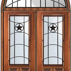 Prehung Transom Double Door 96 Mahogany Texan 2/3 Lite Wrought Iron - Front Doors